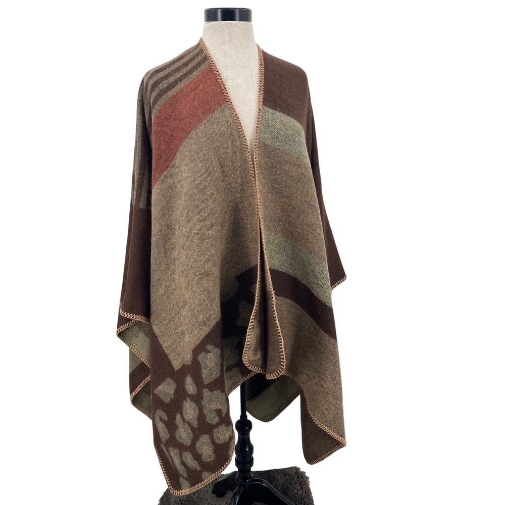 Womens Earth Tone Colorblock Leopard Open Front Poncho Wrap Shawl Brown Western